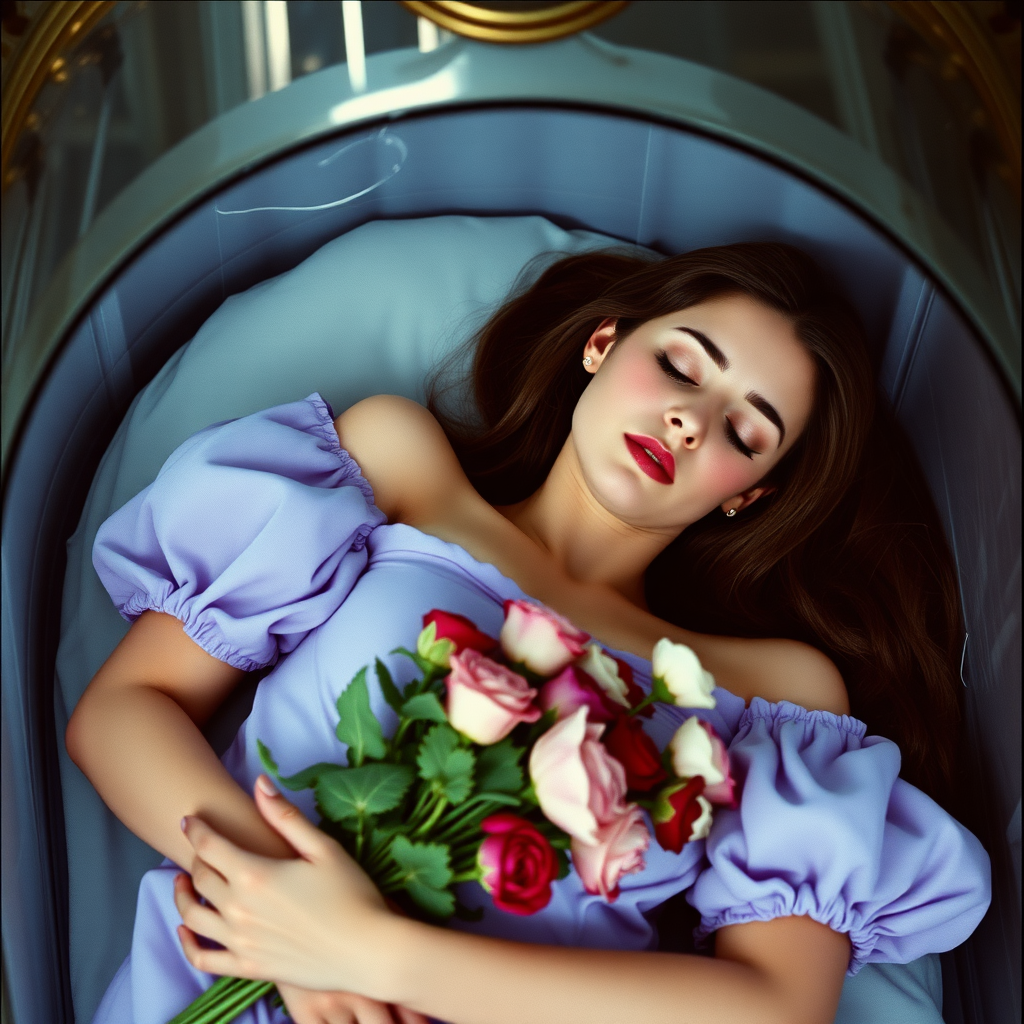 1970s film still of the alluring, 19 year old Ana de Armas with long straight brown hair, red blush, pink lipstick. Wearing an off shoulder lavender puff sleeve dress. Lying in a deep death like sleep in a glass covered bier, eyes closed, holding a bunch of flowers in a funeral type, sleeping beauty scene, in repose as if in a funeral.