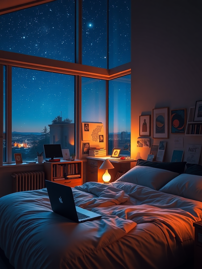 As night falls, a large window reflects the warm light from inside, harmonizing with the starlight outside. In the room, a large bed is covered with a soft quilt, and on the bedside table, a laptop is charging. The bedside lamp emits a gentle glow, illuminating a small bookshelf nearby, which is filled with various types of books. In one corner of the room is a workspace, with a desk adorned with various office supplies and decorations, and art pieces hanging on the wall. The entire room is infused with the essence of art and life. Real, reality.