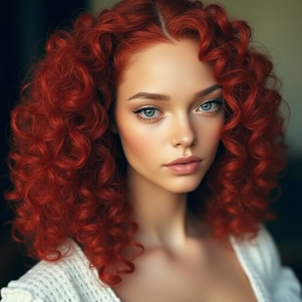 Beautiful model with curly hair, poppy red color, oval face, small gray eyes.