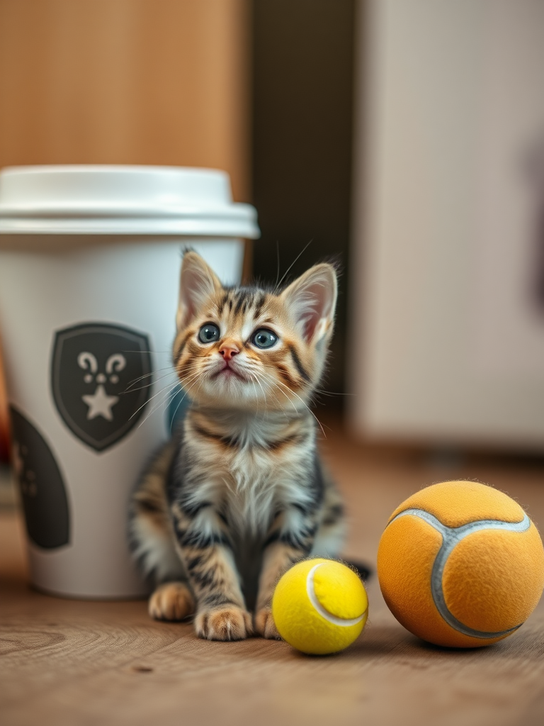 The size of a small cat compared to everyday objects, such as a coffee cup or a tennis ball. Make it very realistic 4k.