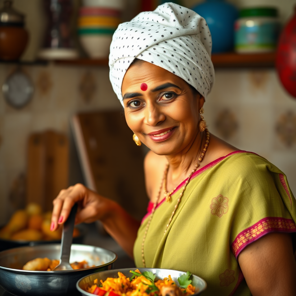 slim, 40 year old, traditional indian wife, dotted towel head, cooking food in kitchen