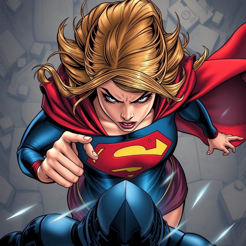 A snapshot from above of Supergirl angry against an enemy in front of her.