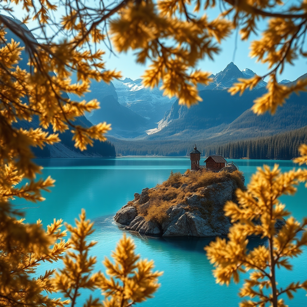 A serene mountain landscape featuring a tranquil lake with crystal-clear turquoise waters. The scene is framed by golden-brown coniferous trees, whose leaves shimmer softly in the dappled sunlight. Nestled in the foreground, a rocky island rises from the lake, covered with earthy tones, contrasting against the water's vibrant hue. In the background, majestic mountains loom, their peaks dusted with snow and their slopes adorned with dense, dark green forests. A quaint wooden structure is visible along the shoreline, hinting at human presence against the wild backdrop. The overall aesthetic is hyperrealistic, capturing intricate details of nature, with a palette of soft blues, earthy browns, and hints of golden sunlight piercing through the trees.