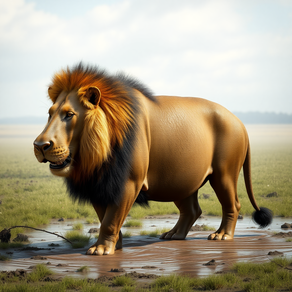 Generate a full-length photorealistic image of a lion incorporating the silhouette of a hippo. Retain the lion's skin texture, including the mane and facial features, while reshaping the body to resemble a hippo. Blend the lion’s distinct coloration with elements of the hippo, creating a striking visual. Design the background inspired by the grassy savannah habitat of lions and the muddy waters of hippos, merging both environments into a captivating wildlife scene that highlights the uniqueness of both animals in an imaginative way.