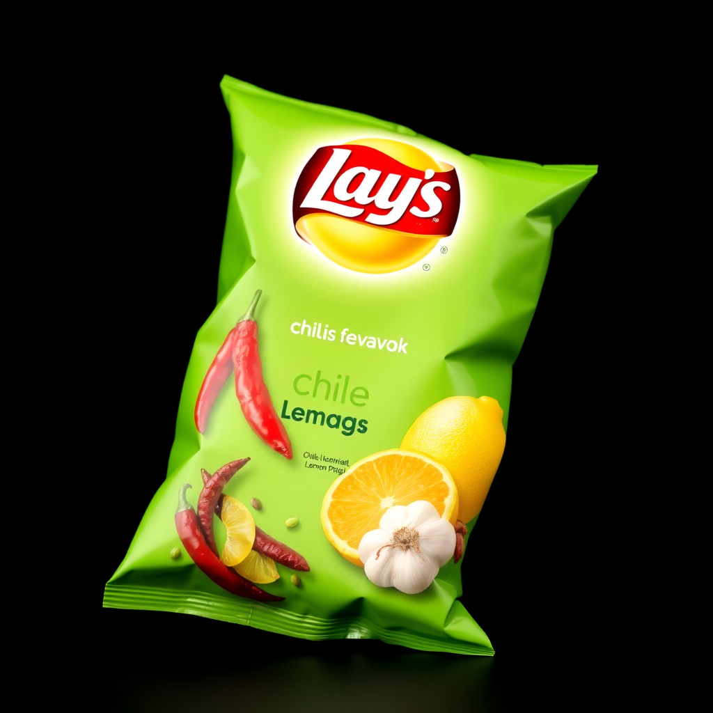 a lays packet of flavour chille lemon with green having dried chilles lemon garlic on the packet. logo in the middle. dark background