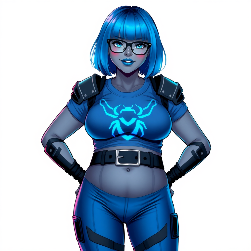 A 28-year-old, full-figured, middle gray-skinned computer program hybrid with a striking maximum blue bob cut. She has a non-athletic build, highlighted by a prominent, round midsection (with heavy emphasis on her belly) that showcases the results of her pampering. As the cherished digital sidekick to her cyberpunk vigilante boyfriend, her middle gray metallic skin and maximum blue lipstick emphasize her digital essence. She dons a digital, computerized costume featuring a large, tight-fitting, maximum blue t-shirt with a neon blue glowing beetle icon on the chest, hi-tech shoulder pads with neon blue accents, a black hi-tech belt with a digital neon blue glowing buckle, and digital maximum blue biker pants with neon blue accents. Her look is completed with black hi-tech fingerless biker gloves with neon blue glowing accents. Her neon blue glowing eyes, black eyeglasses with a neon blue glowing HUD built into the lenses, and a shy smile with neon red blush highlight her nerdy charm. She stands bashfully with her hands behind her back, her costume covering all her skin and emphasizing her full-figured physique, especially her belly. Despite her non-athletic build, she radiates beauty. Her slim face contrasts with her physique, accentuating her radiant beauty. She is depicted on a solid white background. She is drawn as if she were in a retro 2D cyberpunk fighting game.