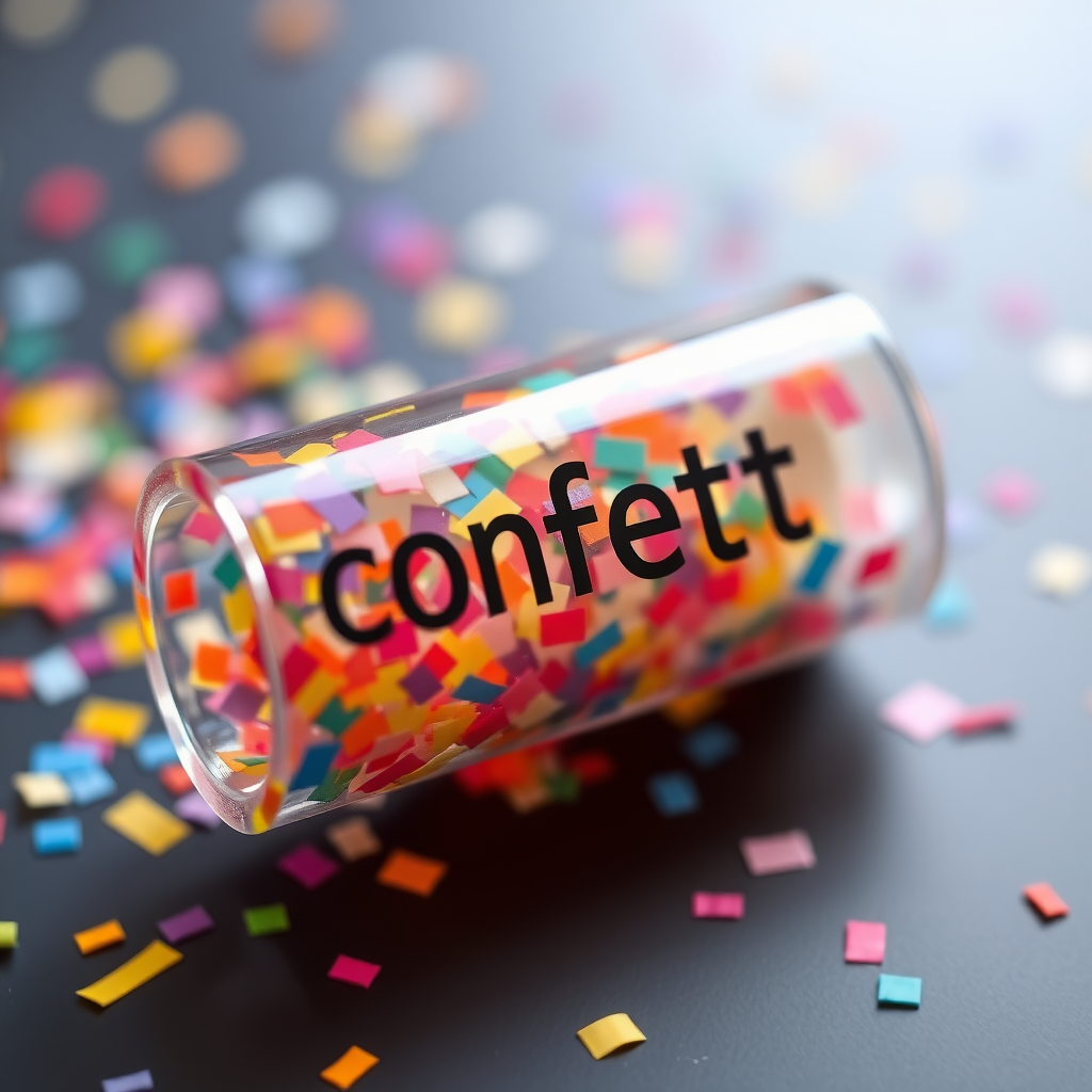 colorful glass confetti popper tube with text "confetti" on it