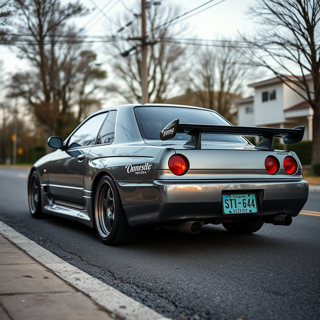 the car is parked on the side of the road, inspired by Taiyō Matsumoto, tumblr, restomod, nd4, c4 metallic shine nissan skyline r34