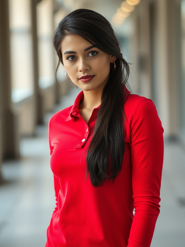 A woman wearing a red long-sleeved polo shirt. full body, front view, looking at viewer.