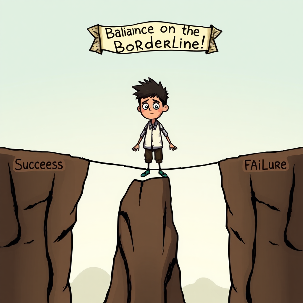 An imaginative scene depicting a character standing on a tightrope stretched between two cliffs, looking uncertain, with one side labeled "Success" and the other "Failure," and a whimsical banner overhead reading, "Balance on the Borderline!"