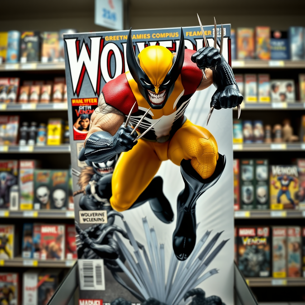 Jumping out of a Comic book cover on a store shelf is Wolverine and Venom. Wolverine has his claws placed into Venom in Cinematic Real3D photo-realistic quality.