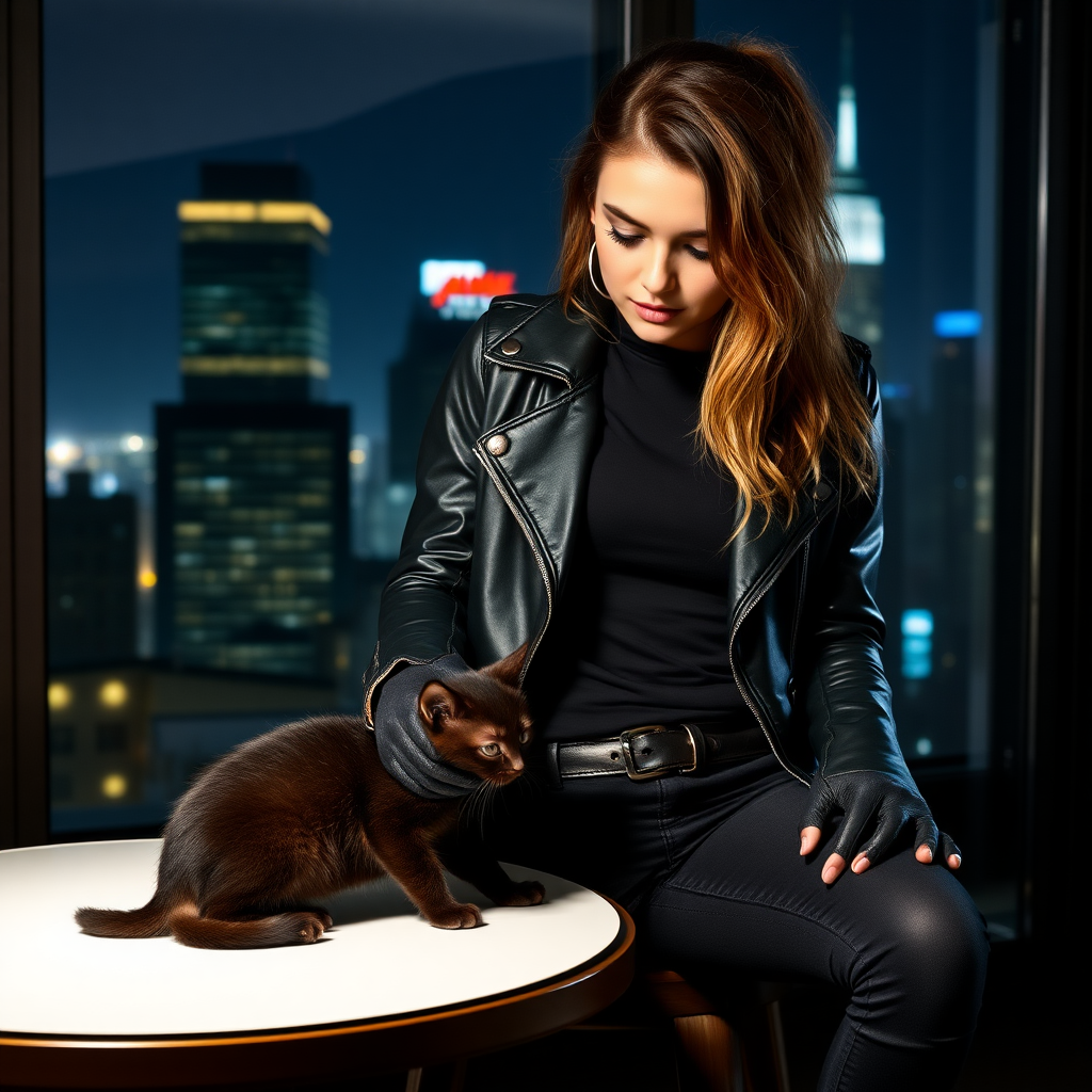 A beautiful tough thief girl in black leather jacket over black t-shirt with black tight jeans and gloves stroking a black kitten sitting on a table in a Manhattan penthouse at night.