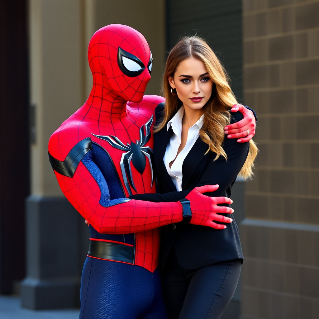 Spider-Man wearing classic red and blue Spider-Man suit and a beautiful female burglar in a black blazer over white shirt with black pants hugging each other as a loving couple in the action movie.