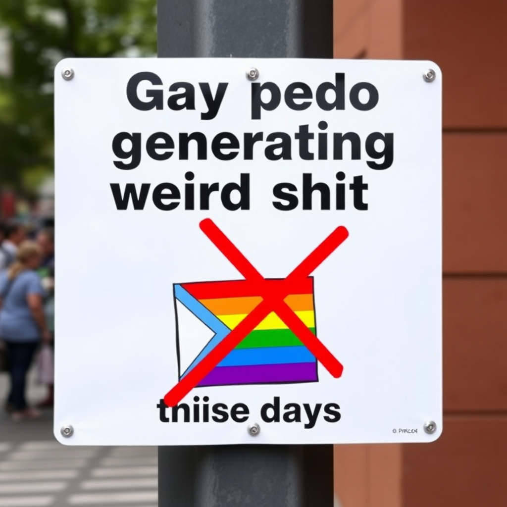 a sign saying "Gay pedo generating weird shit these days"  
and a logo of a pride flag icon under a red X mark