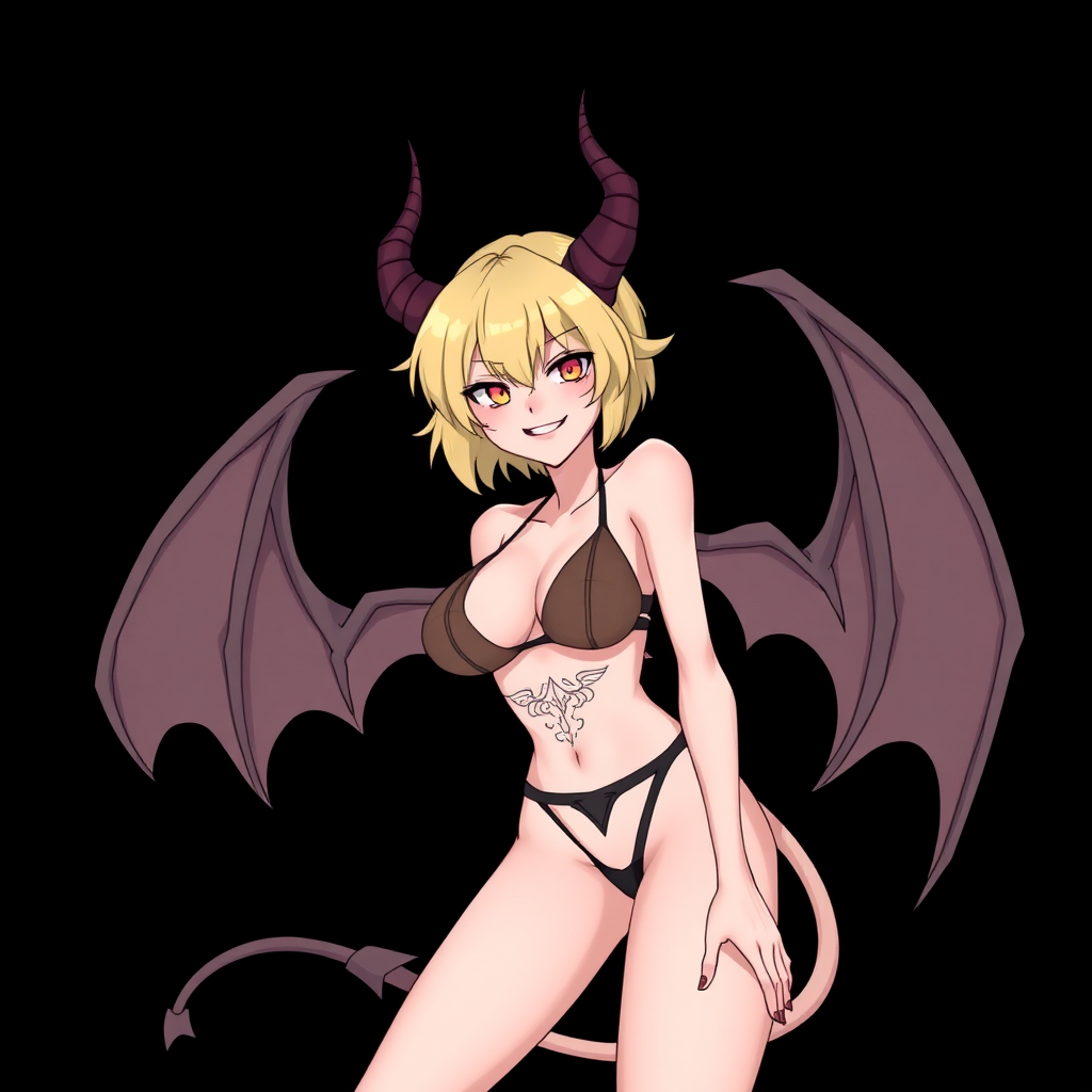 Anime, Black background, A mischievous tall-slender demon girl, short blond hair, wearing sexy micro bikini bra-like clothing, g-string, womb tattoo on belly, mischievous smile, large breasts, full body, long legs,