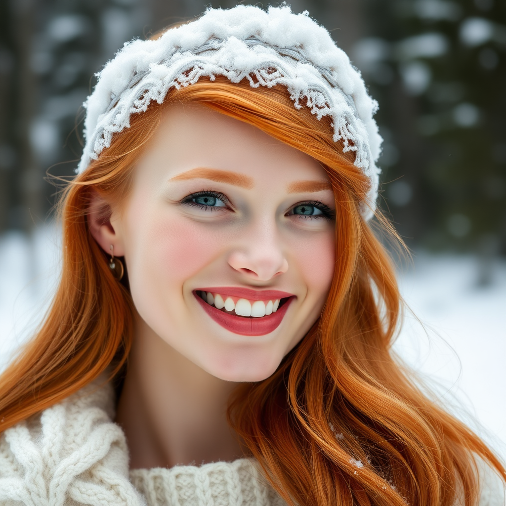 beautiful young elegant woman with ginger long hair, full lips, pale skin, on Alaska smiles in the snow