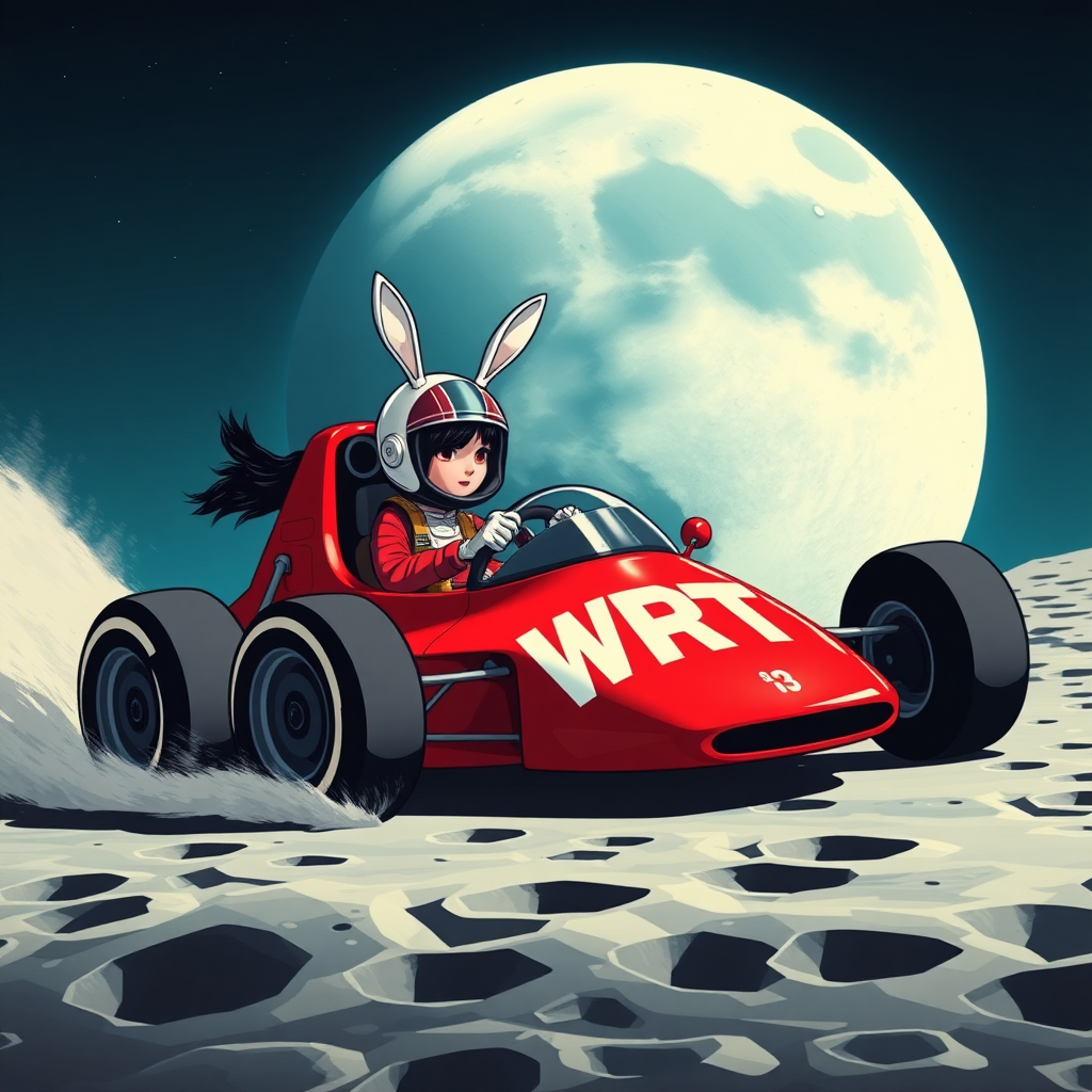 A red racing car with "WRT" written on it is speeding across the surface of the moon, which is filled with many craters. A black-haired beauty racer, wearing a helmet with upright white rabbit ears, is gripping the steering wheel tightly, with the giant round blue Earth in the background.