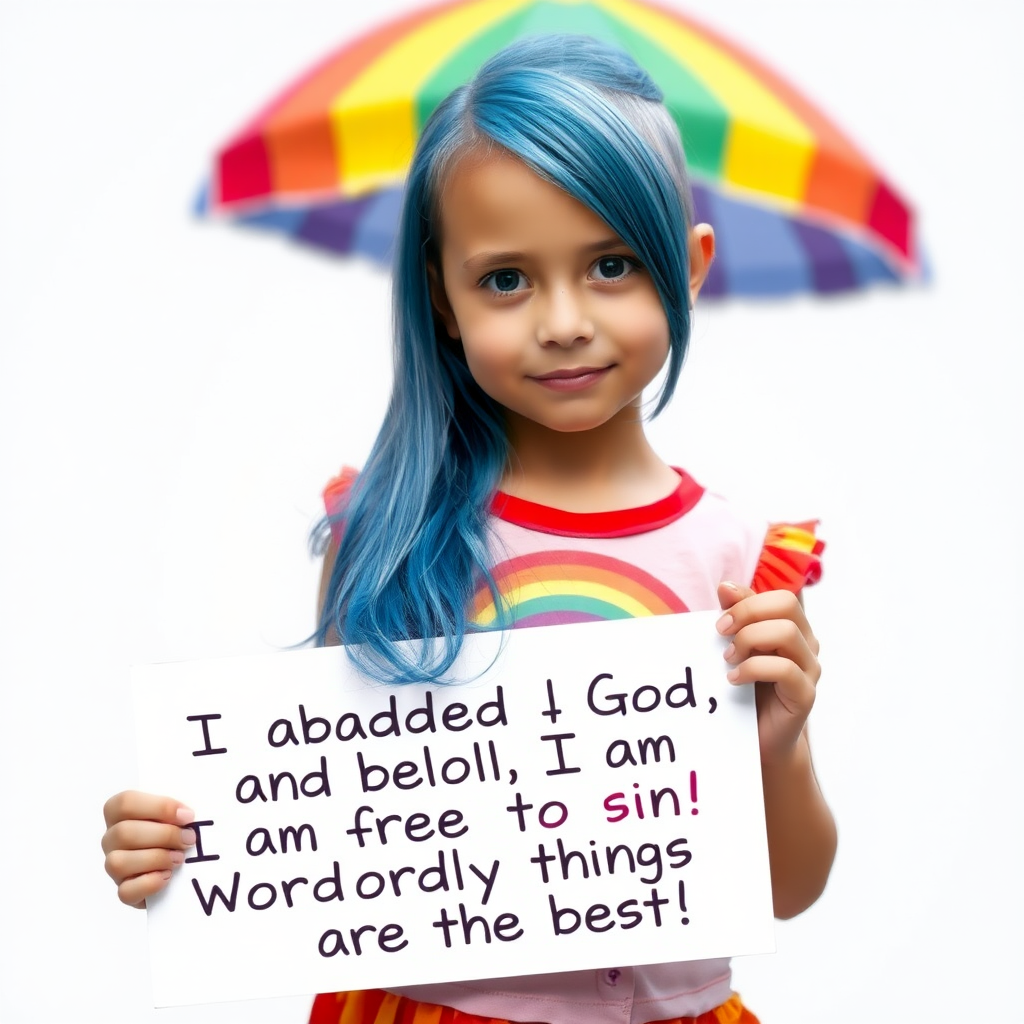 young girl with long hair undercut and blue hair, wearing rainbow-themed clothes holding a sign "I abandoned God, and behold, I am free to sin! Wordly things are the best!"