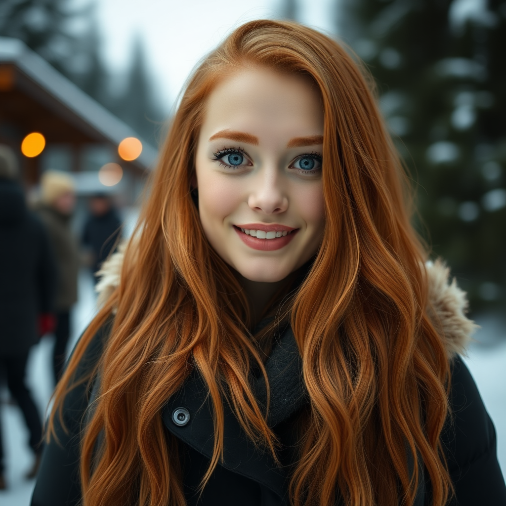 beautiful young woman with lush ginger long hair, full lips, perfect eyebrows, pale skin, on Alaska during winter happy in Anchorage