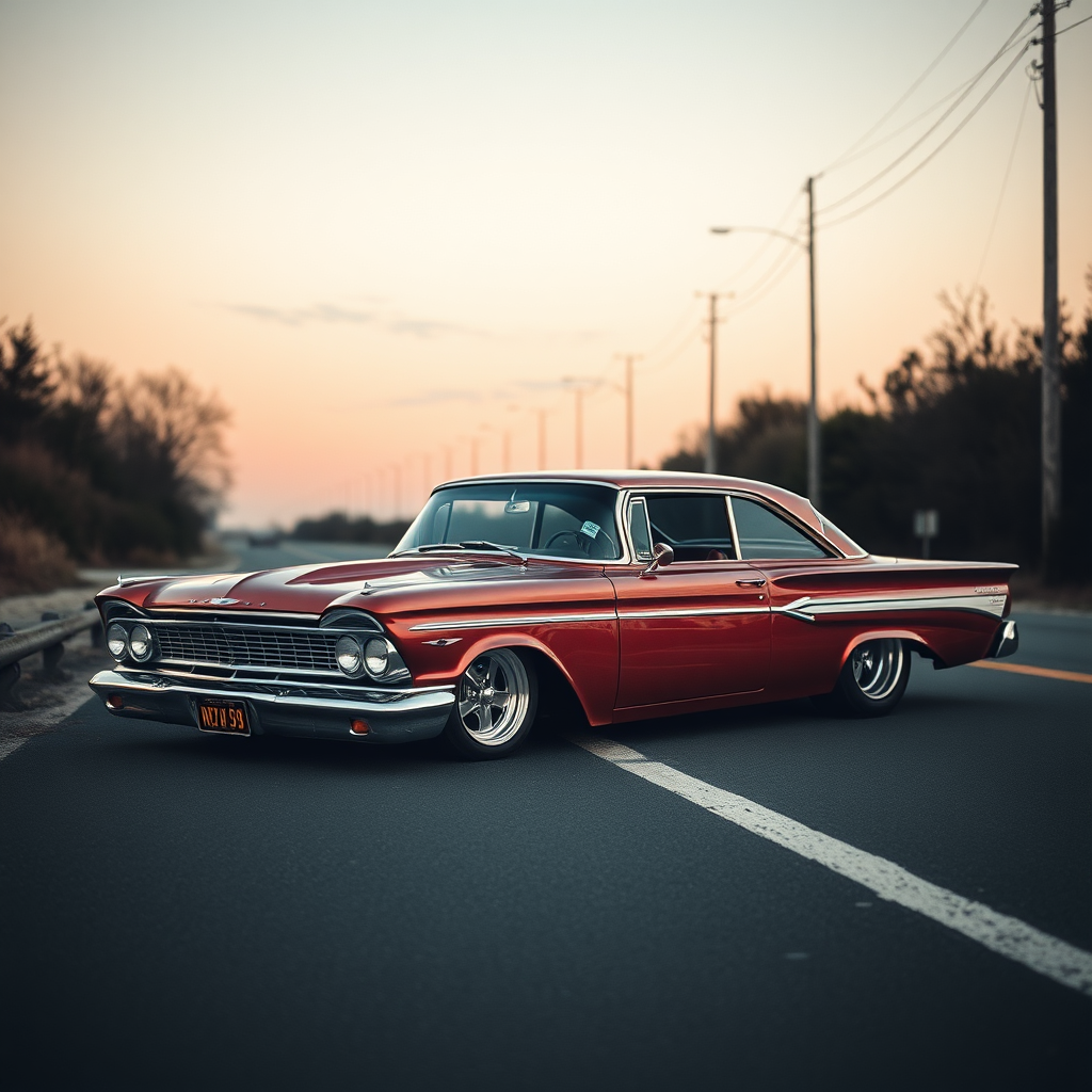 the drag car is parked on the side of the road, inspired by Taiyō Matsumoto, tumblr, restomod, nd4, c4 metallic shine classic american low rider ford