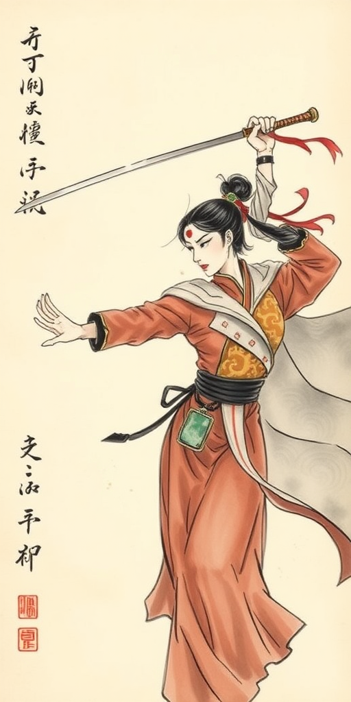 A Chinese woman, Ming Dynasty, secret service agent, Brocade-clad Guard, Imperial Guard, wearing traditional cape cloak behind, auspicious clouds pattern on the cape, with stand up collar, red hair ribbon, red bindi on the forehead, performing sword launcher skill, uppercut slash, raising slash toward the top, fighting, ink wash painting, sumi-e, rectangle jade waist pendant worn at the waist, background in parchment paper,