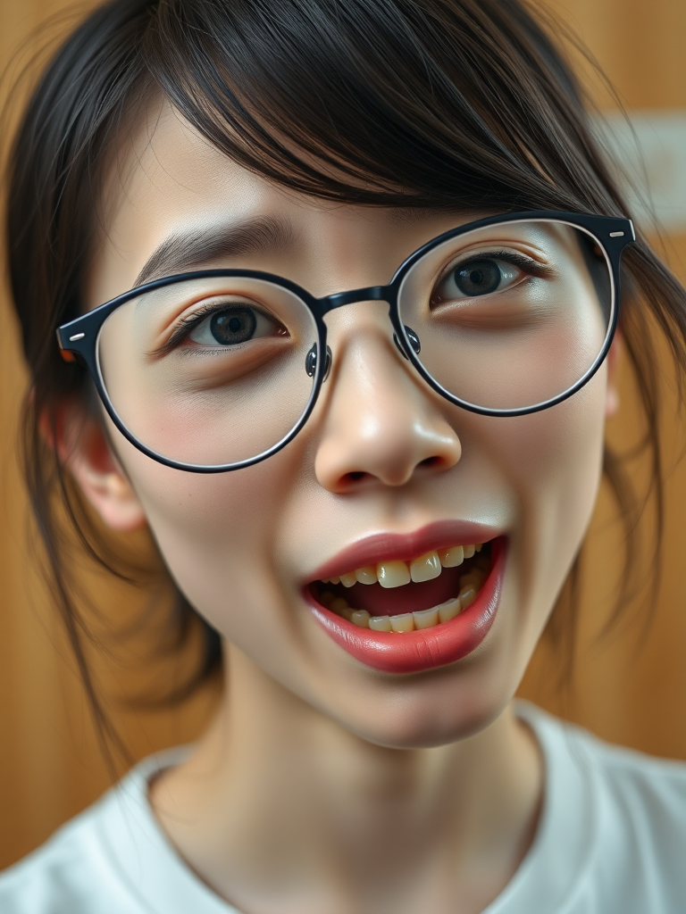 detailed, perfect proportion, high realism, real casual photo, crying japanese nerdy skinny woman with big nose, big mouth, big yellowish teeth, moles, big eyeglasses and medium hair, retarded,