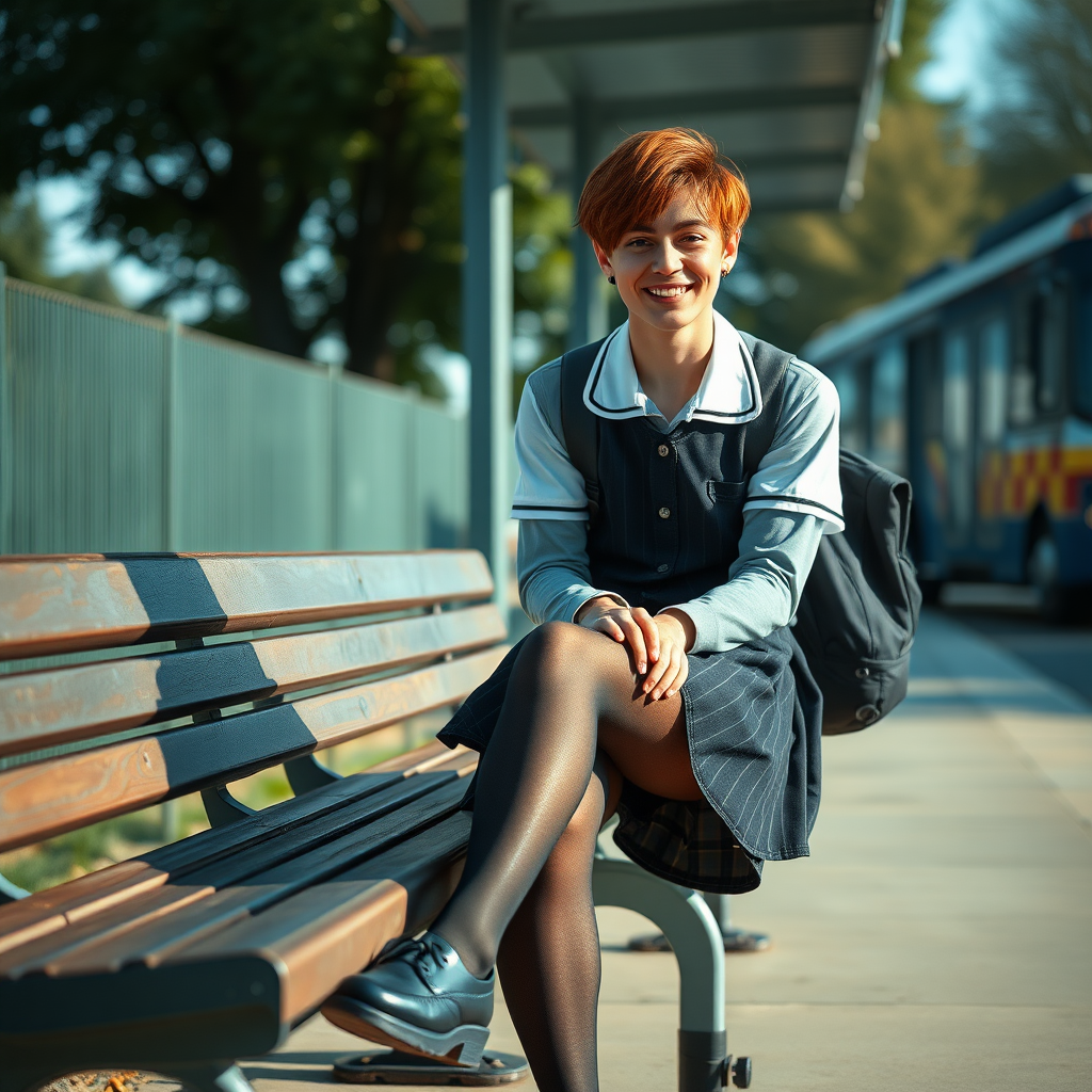 photorealistic, ultra high resolution, 16K, surreal fantasy, soft studio lighting, a pretty 18 year old goth male, slim male physique, auburn hair, goth makeup, earrings, shiny black pantyhose, UK girls-school uniform, Mary-Jane shoes, sitting on his boyfriends lap on a bench waiting for the school bus, in daylight, excited smile, facing the camera.