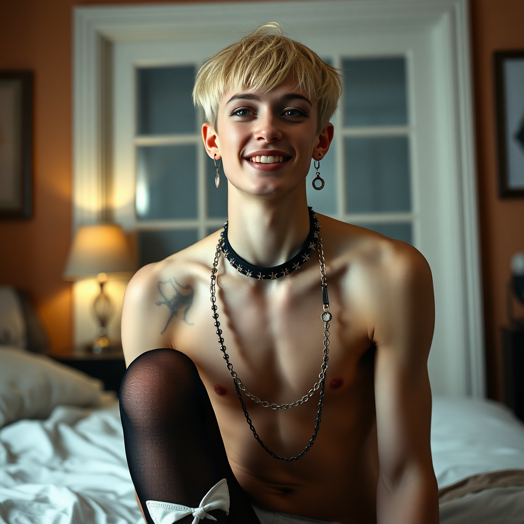 photorealistic, ultra high resolution, 16K, surreal fantasy, studio lighting, a pretty 14 year old goth male, slim male physique, short blonde hair, goth makeup, earrings, glossy black pantyhose, white ballet shoes, spikey neck collar and leash, in the bedroom, excited smile, facing the camera.