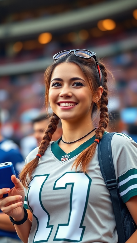 Attractive female NFL fan, pigtail hair, cheering