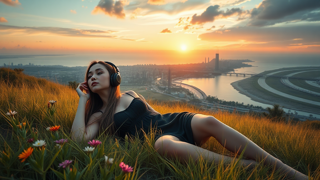 nice azian woman  long hair,pretty short black 
dress, lay in the grass with flowers,with headphone ,alien planet ,aliens buildings, with nice greenery flowers and rivers,beach, nice sunset ,highways and streets ,ultra realistic view high detail