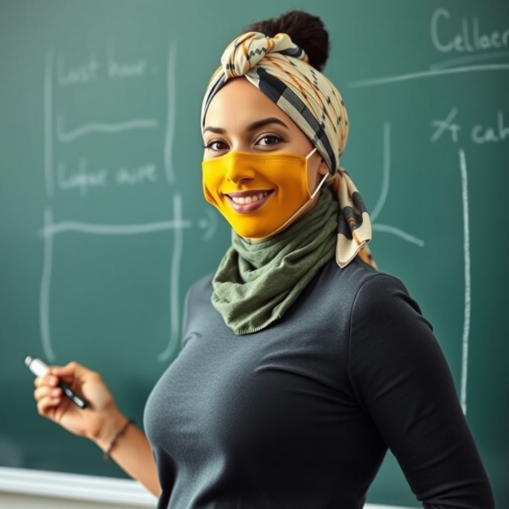 slim, 30 year old, sexy, french female school teacher, scarf head knot, turmeric face mask. She is smiling and teaching on a blackboard