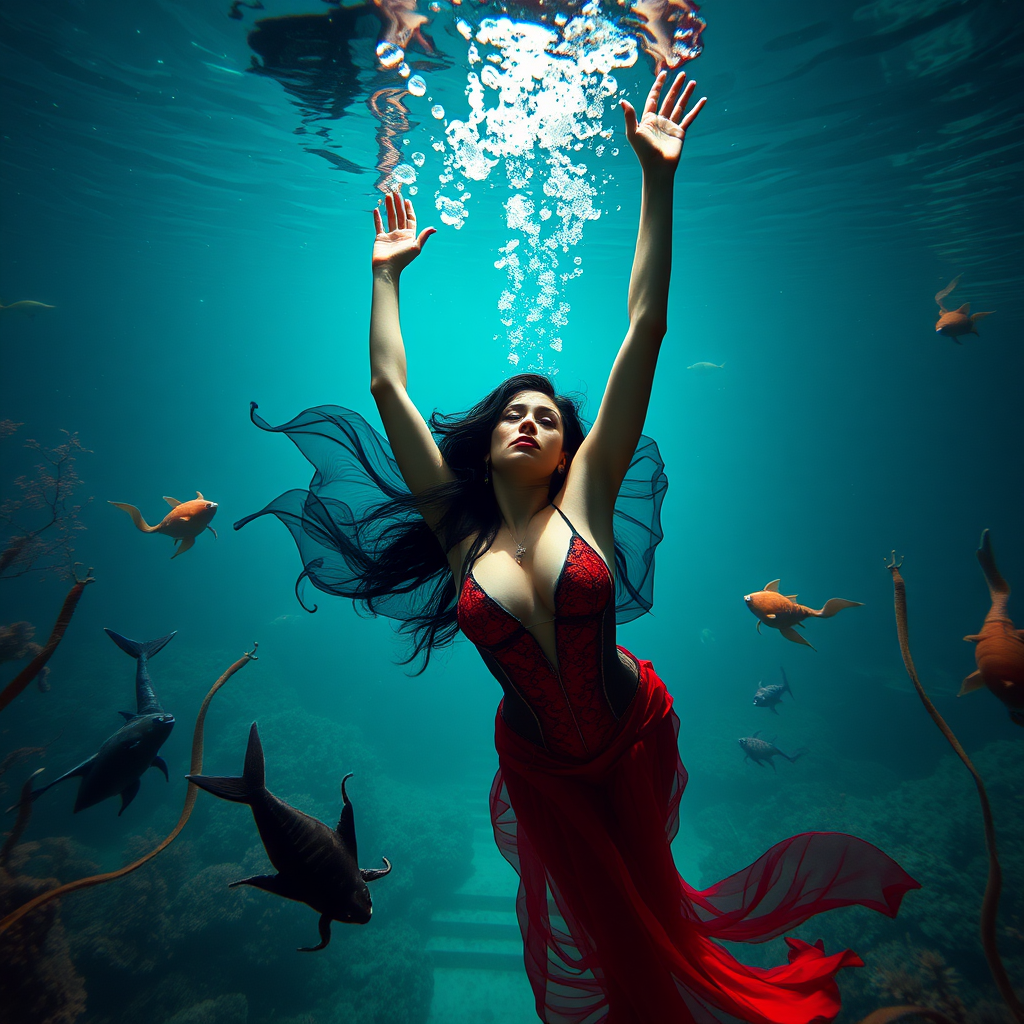 Vampirella as a burlesque dancer she's floating underwater surrounded by sea creatures and plant life. Her graceful arms float above her head. In the photographic style of Richard Fegley on DSLR.