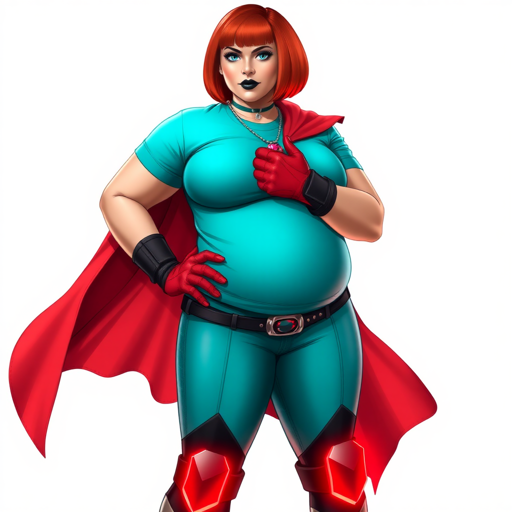 A 26-year-old, full-figured, mystical vigilante detective becomes the heavily pampered mystical ally of her cyberpunk vigilante older brother figure. She has a bright red bob cut, black lipstick, and piercing bright blue eyes. She has a new non-athletic build, now highlighted by a prominent, round, gargantuan midsection (with full emphasis on her gargantuan belly), which shows the aftermath of her new pampered lifestyle. Despite her pampered physique, she shows full confidence. She wears a biker suit consisting of an enormous, magical, tight-fitting, maximum turquoise t-shirt (accentuating and emphasizing her gargantuan belly), maximum turquoise biker pants, complemented by a glowing neon red cape, a mystical ruby amulet (which is the source of her mystical powers), and magical red gloves glowing neon red. Her stance is firm and resolute, arms crossed, exuding a no-nonsense attitude. Her costume reflects the influence of DC New 52 Prime Earth’s Phantom Lady, Jennifer Knight, while her pose embodies the moral ambiguity and determination reminiscent of DC’s Pax Americana’s The Question. She is on a solid white background. She is drawn as if she was in a retro 2D cyberpunk fighting game. She is clearly non-athletic, with a focus on her full-figured physique. Make sure that her t-shirt covers all of her bare skin (especially her gargantuan midsection).