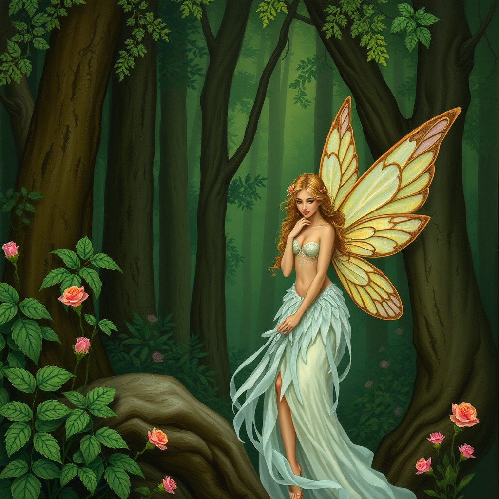 A classic forest scene with an attractive and seductive fairy. The scene is lush with the art styling of Linda Ravenscroft.