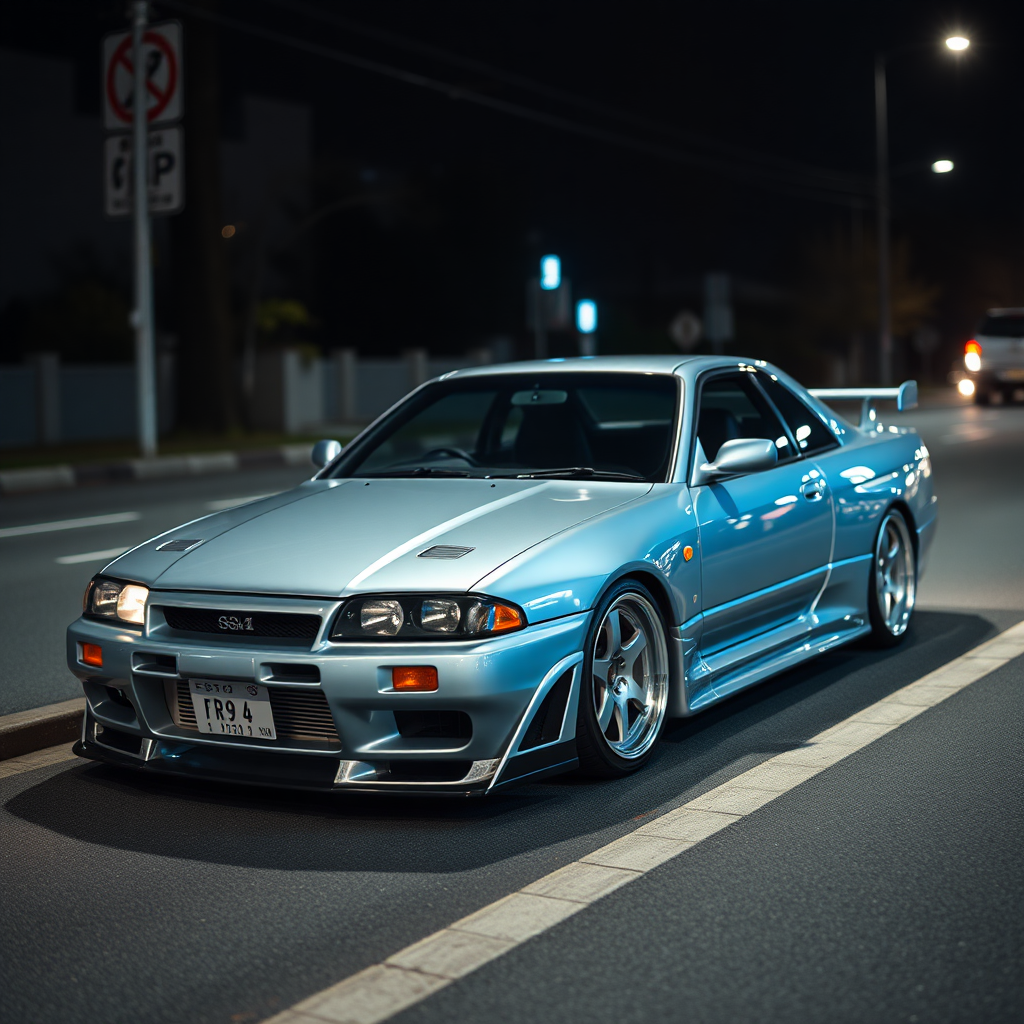 The car is parked on the side of the road, inspired by Taiyō Matsumoto, tumblr, restomod, nd4, c4 metallic shine nissan skyline r34 kalabalik tokyo gece arkaplan