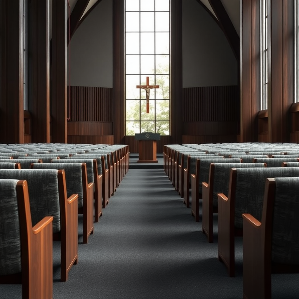 Give me grey fabric pews with a dark wooden frame that are inside a big modern church. The carpet of this church is dark grey. glass pulpit