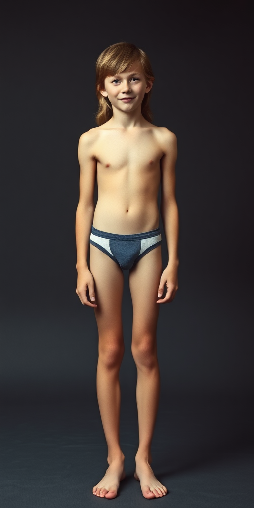 A tall skinny 14yo teen boy, long hairs bow cut, wearing little speedo, long legs, narrow thighs. full-length view. 1970s. photorealistic, ultra high resolution, 16K, Negative: grainy, blurry, bad anatomy, extra limbs, watermark.