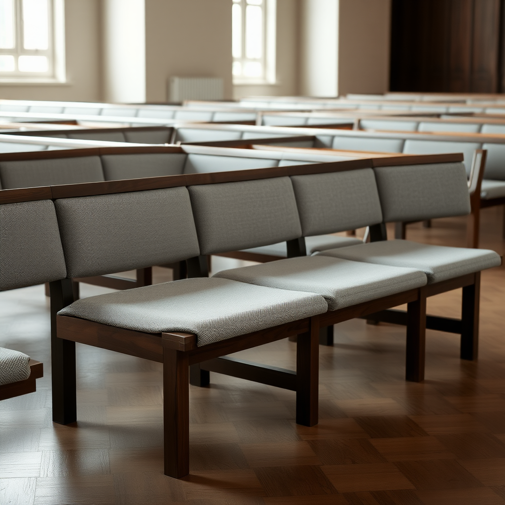 in a church benches in grey fabric and dark wood frame