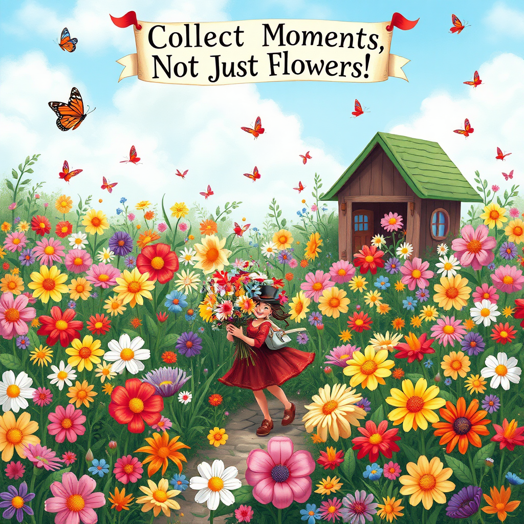 An imaginative scene of a whimsical garden bursting with colorful flowers, with a character joyfully gathering a bouquet, while butterflies flutter around, and a banner overhead reads, "Collect Moments, Not Just Flowers!"