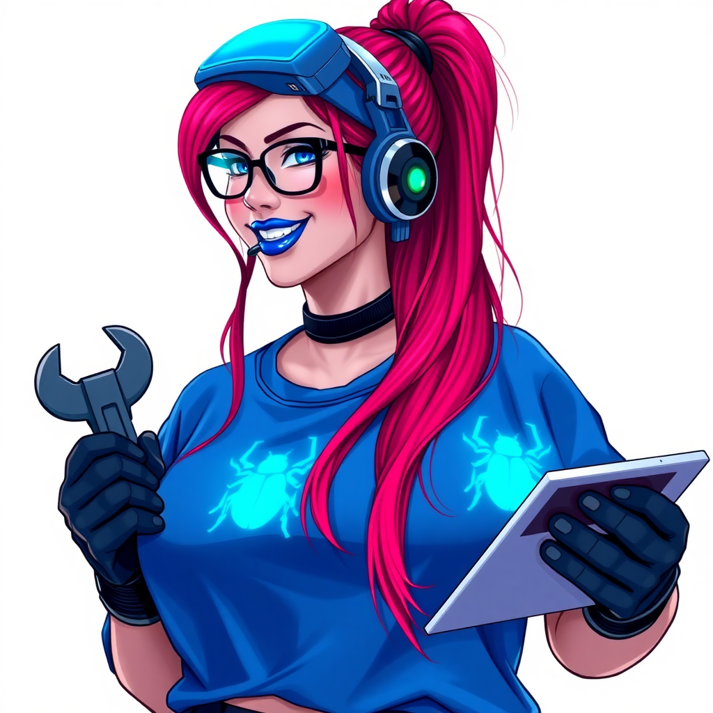 An intelligent and tech-savvy 29-year-old computer hacker and tech genius. She has a long ruby red ponytail. She wears maximum blue lipstick, blue eyes, a sapphire beetle gemstone necklace, sapphire earrings, black eyeglasses, hi-tech power gloves, and an oversized maximum blue t-shirt featuring a neon blue glowing beetle chest icon. She has an enormous, full-figured, well-rounded physique, reflecting her well-cared-for lifestyle. She sports a sapphire headset with a hi-tech maximum turquoise lensed HUD, and a beaming smile accentuated by a passionate neon red blush. She serves as his tech expert from his hideout, holding a futuristic tool wrench and a futuristic digital tablet. The background is solid white. She is drawn as if she was in a retro 2D cyberpunk fighting game.