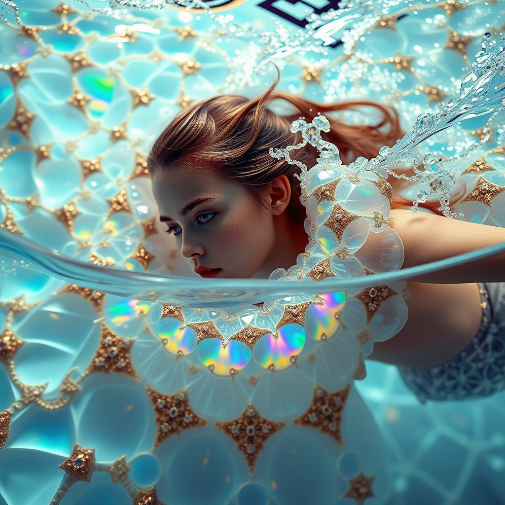 preteen girl swimming, abstract, mandelbulb fractal, sacred geometry, ultra-detailed, dynamic composition, artistic photograph, fractal, brilliant colors, glittering, transparency, translucent, opal, gold, romanticism, sharp focus, floral, mother of pearl, iridescent, jewelry