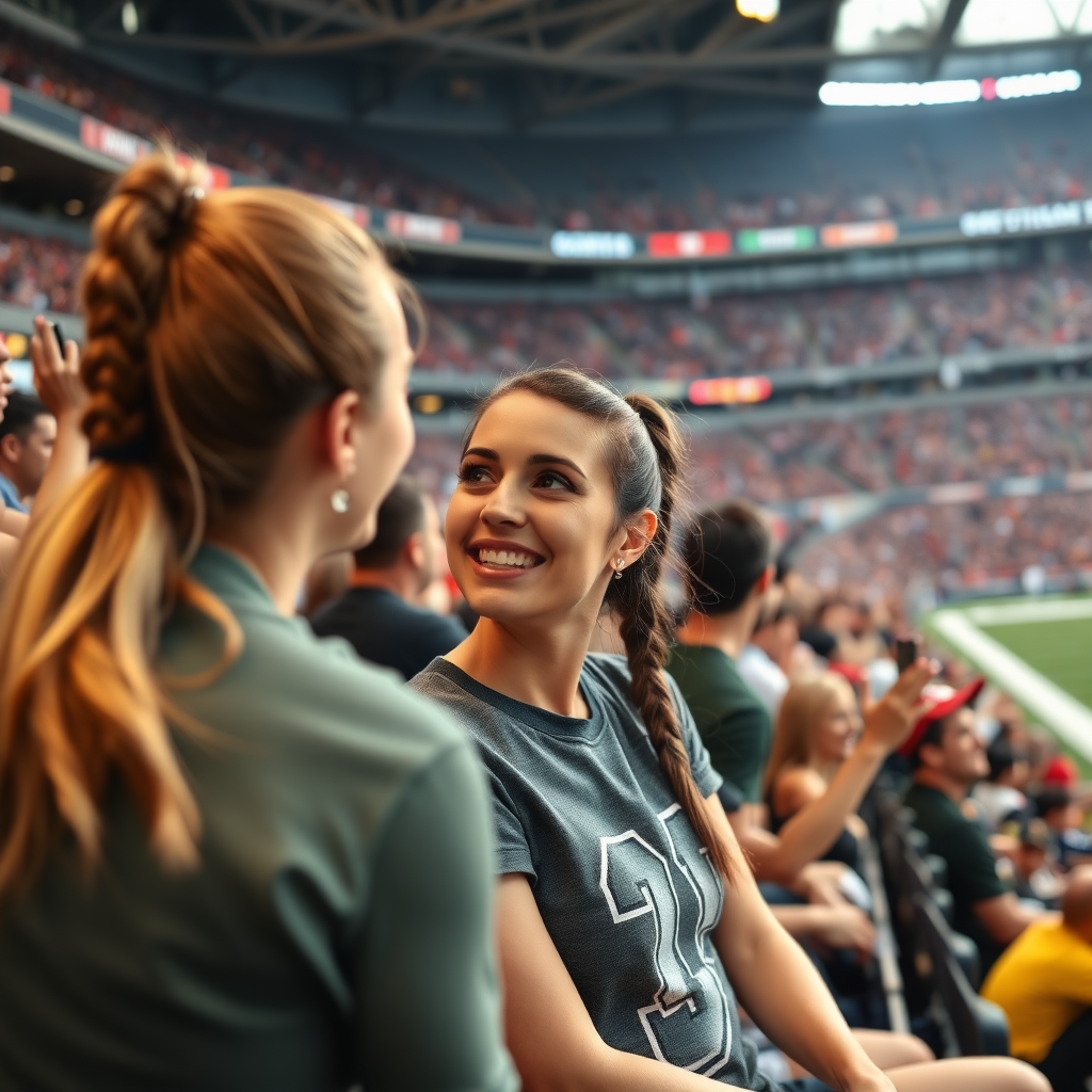 Attractive female NFL fan, pigtail hair, cheering with friends, inside crowded bleachers, NFL stadium