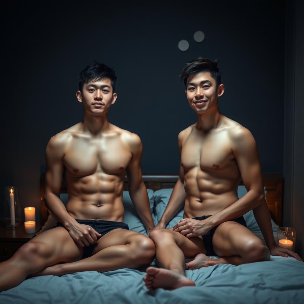 lean fit muscular, twin asian males, athlete couples, short hairs, fair skins, good looking figures, hang out on bed no cloths, fool around, brotherhood, not wearing, naturalist, inside dark room, low light, candles around the room. real photo, high detail, high quality