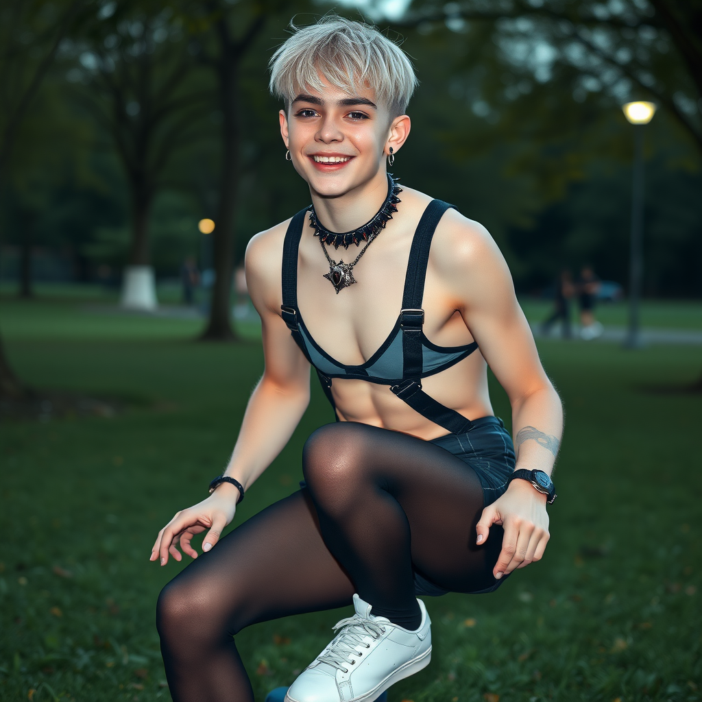 photorealistic, ultra high resolution, 16K, surreal fantasy, studio lighting, a pretty 16 year old goth boy, slim male physique, short blonde hair, goth makeup, earrings, pantyhose, harness, spiky dog collar and leash, trainer-bra, white ballet shoes, riding a skateboard in the park, excited smile, facing the camera.