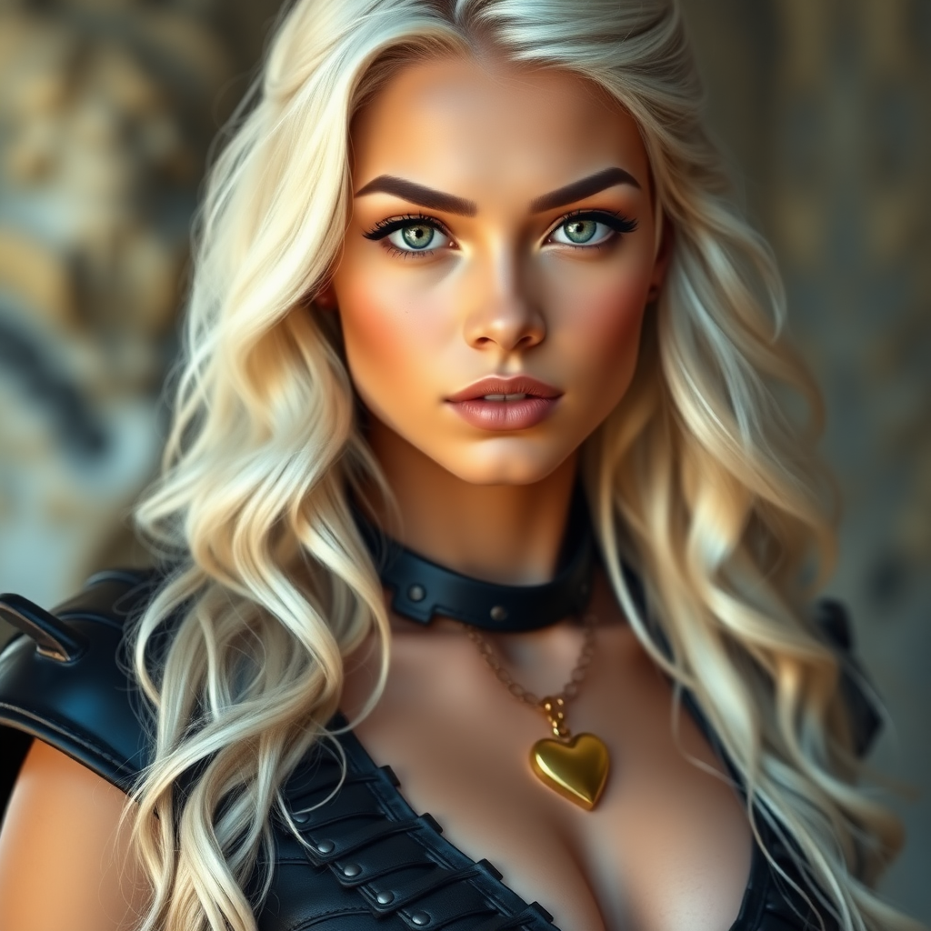 Portrait of a beautiful young woman with long wavy platinum blonde hair, green eyes, a suntan, light brown eyebrows, and large breasts. She is wearing black leather armor and a gold necklace with a small heart pendant.