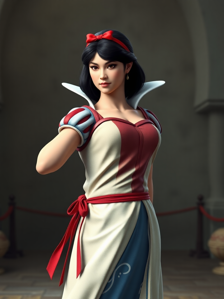 Generate a full-length hyper-realistic render of Snow White featuring the body type of Ryu from Street Fighter. Retain Snow White's head and facial features while transforming her body structure and silhouette to reflect Ryu's muscular male physique. Modify Snow White's traditional costume to fit Ryu’s body type appropriately, ensuring it maintains her fairy tale essence. Create a background that seamlessly blends elements from both characters, providing an appropriate setting that complements their unique features and styles. The overall image should emphasize realism and detail in both character design and the environment.