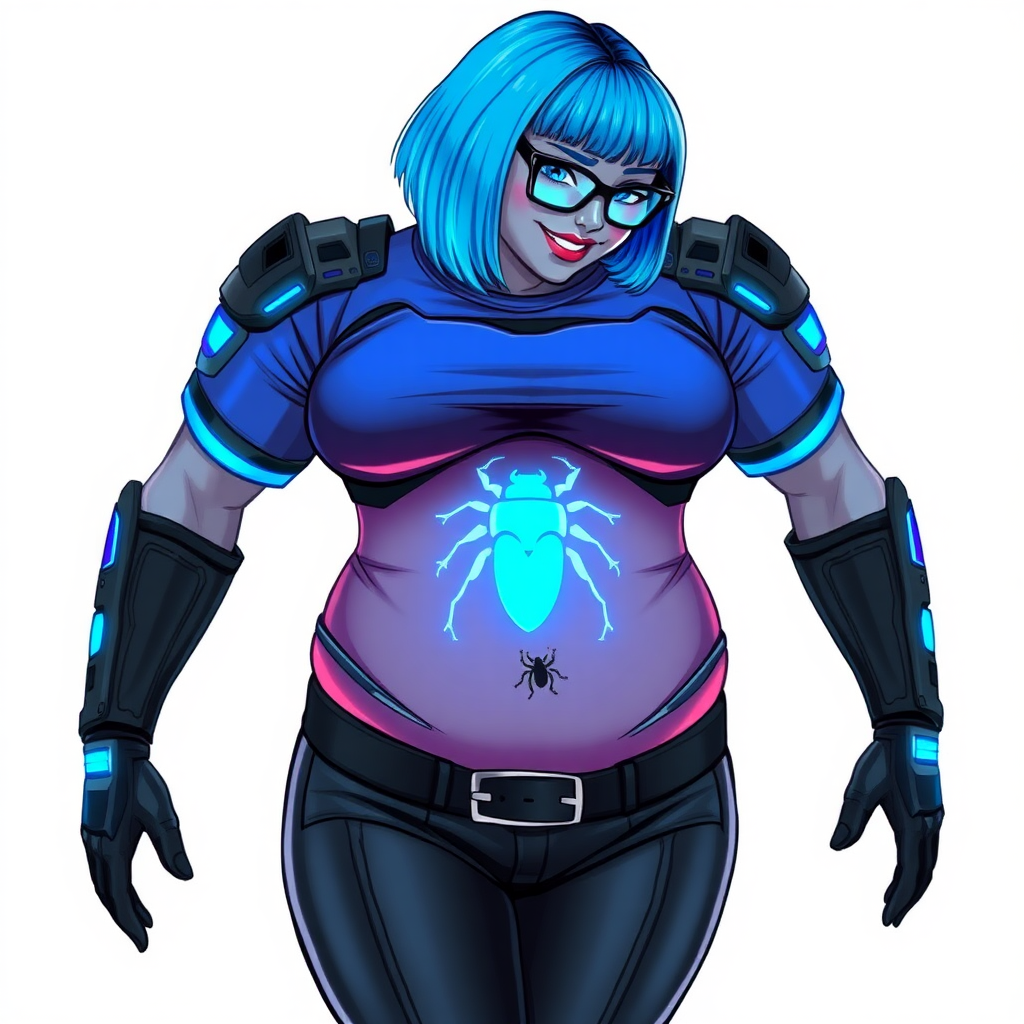 A 28-year-old, full-figured, metallic middle gray skinned cyberpunk computer program hybrid with a short maximum blue bob cut. She has a non-athletic build, highlighted by a prominent, round midsection (with a focus on her round belly). As a digital sidekick to her cyberpunk vigilante boyfriend, her middle gray metallic skin and maximum blue lipstick emphasize her digital nature. She wears a digital, computerized, costume consisting of a huge, tight-fitting, neon blue glowing, digital armored, maximum blue t-shirt (accentuating her belly) with a neon blue glowing chest icon of a beetle, black digital pants, a black belt with a neon blue glowing digital beetle buckle, and black hi-tech gloves. Her bright blue eyes, black eyeglasses with lenses glowing bright neon blue, and shy smile with neon red blush accentuate her nerdiness. She bashfully bows her head (while still facing the screen) with her hands behind her back, her t-shirt covers her midsection (especially her belly) and emphasizing her full-figured, non-athletic physique. She is on a solid white background. She is drawn as if she was in a retro 2D cyberpunk fighting game. She is clearly non-athletic, with a focus on her full figure. Make sure her outfit covers all of her bare skin (especially her midsection).