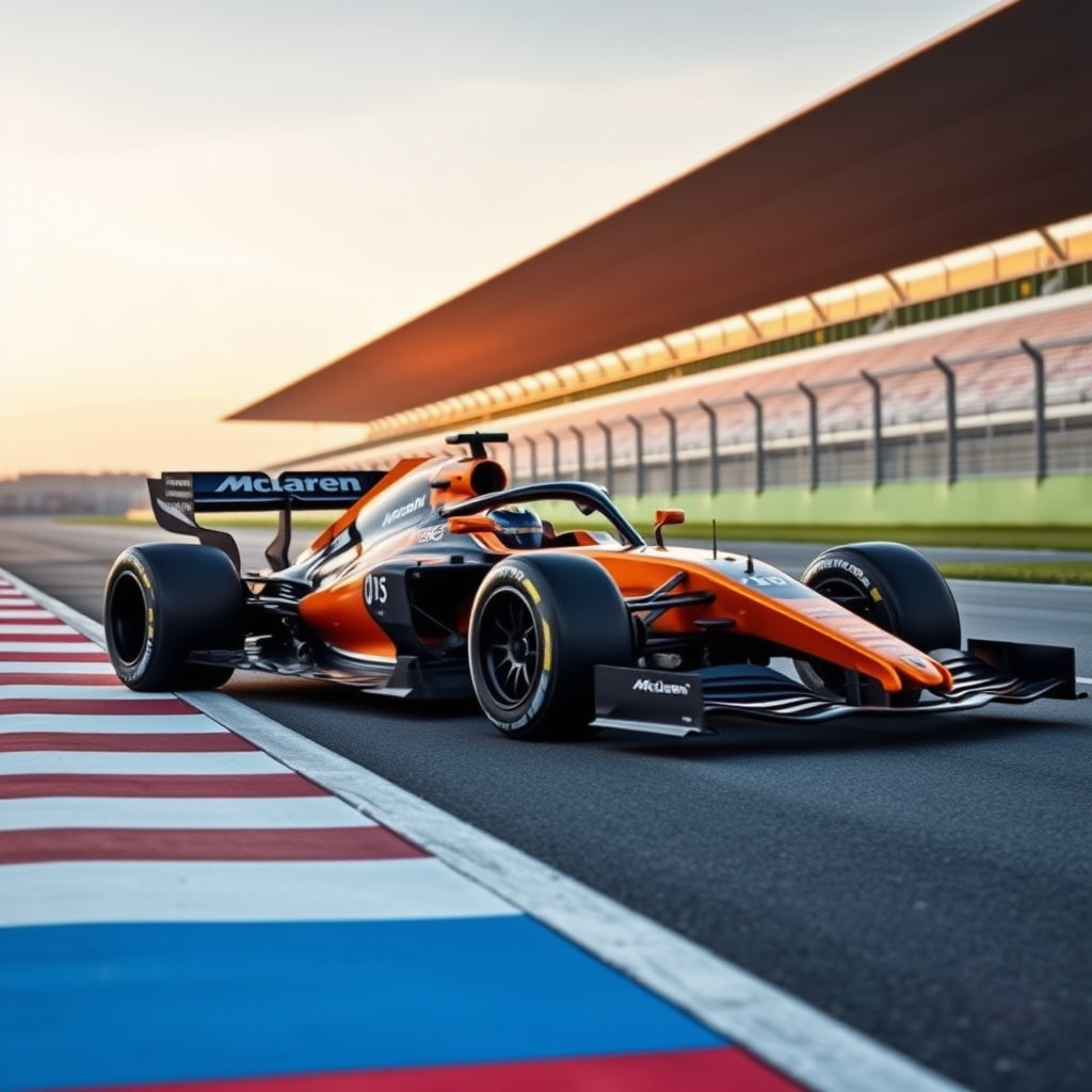 F1 MCLAREN car photoshoot in race track background from right to left