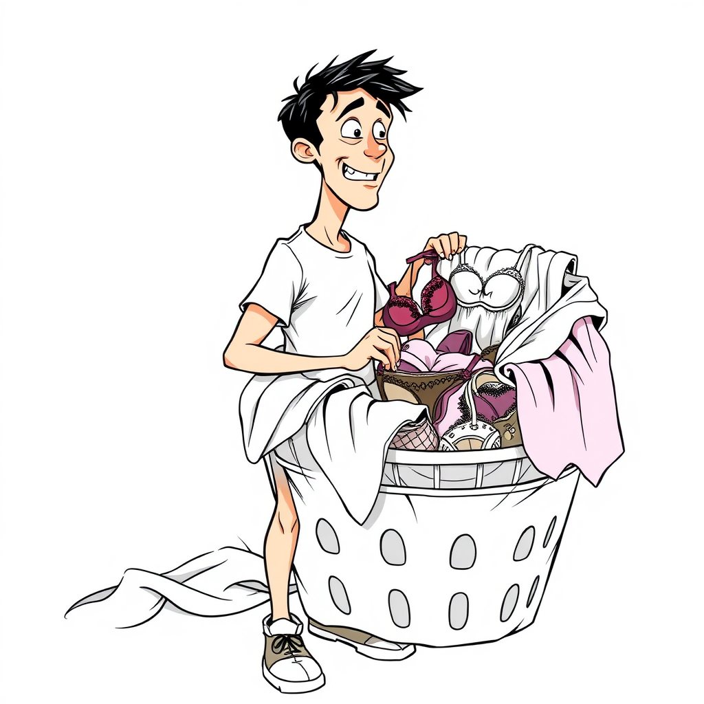 nervous short 20 year old european skinny man, short white t-shirt, standing, stunned, mesmerized, joyful, heavy drooling, fumbling through a dirty laundry basket full of sexy woman lingerie, detailed fabric, side view, shoes, detailed feet, 2D, caricature, cartoon, Sketch lines, coloring book, coloring book,