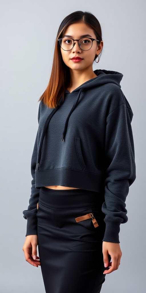 a fullbody photo of an 18 year old woman with glasses wearing a low waisted black pencil skirt and dark grey cropped hoodie